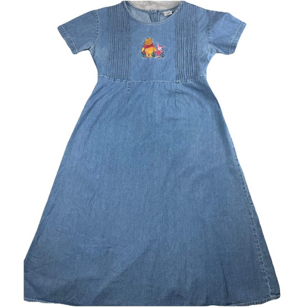Vintage 90s Disney Store Winnie the Pooh & Piglet Denim Midi Maxi Dress Large